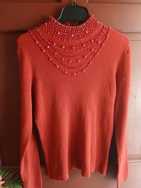 Women's Beaded 23rd St Mock Neck Sweater - Red XL Cozy Holidays Parties Chic